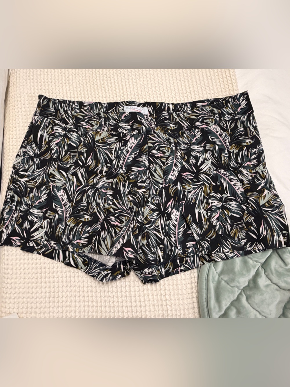 Margaret M Black Tropical Leaf Shorts with Pink & Olive Highlights